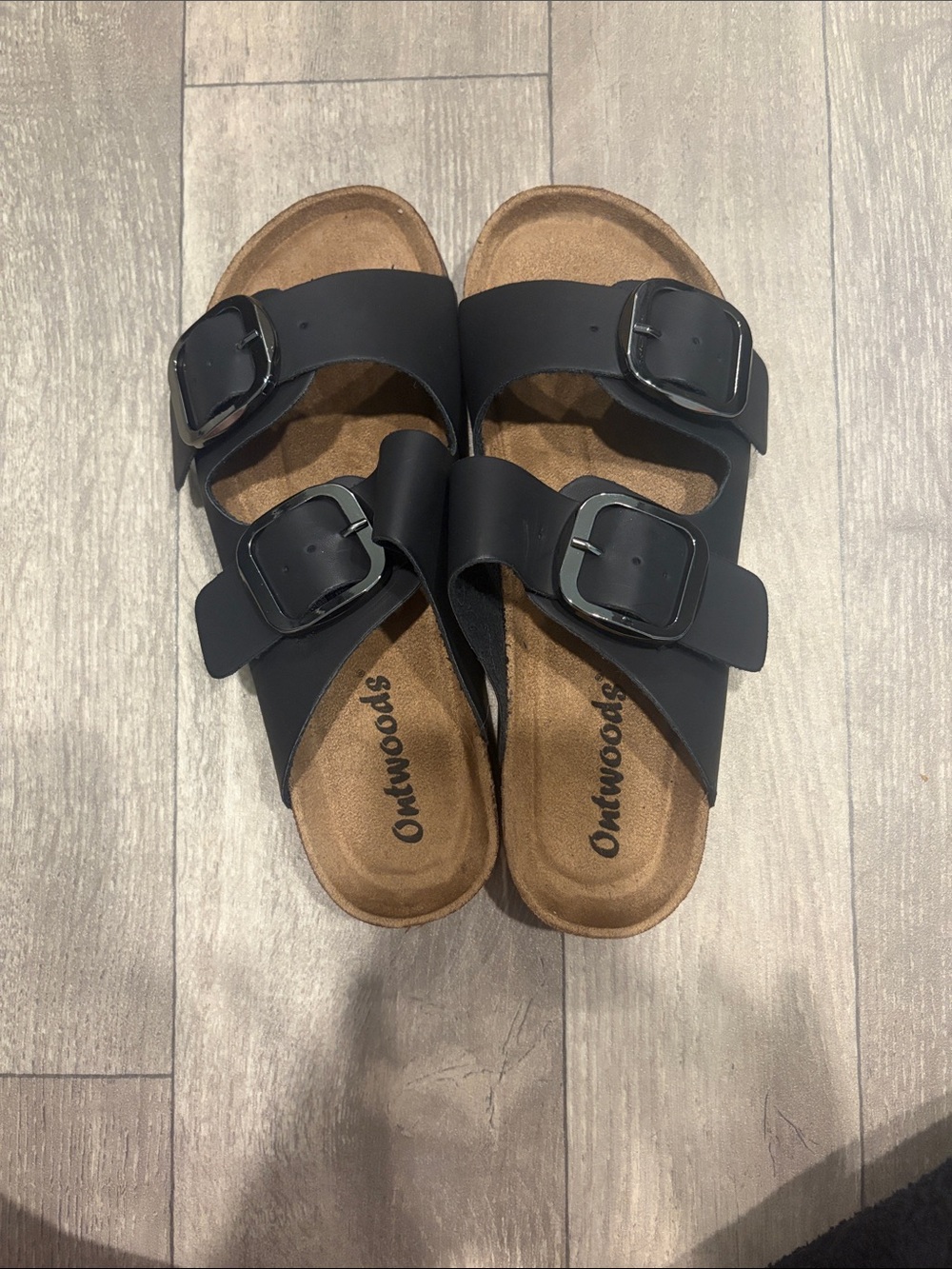 New in Box Outwoods Black Double-Buckle Slide Sandals